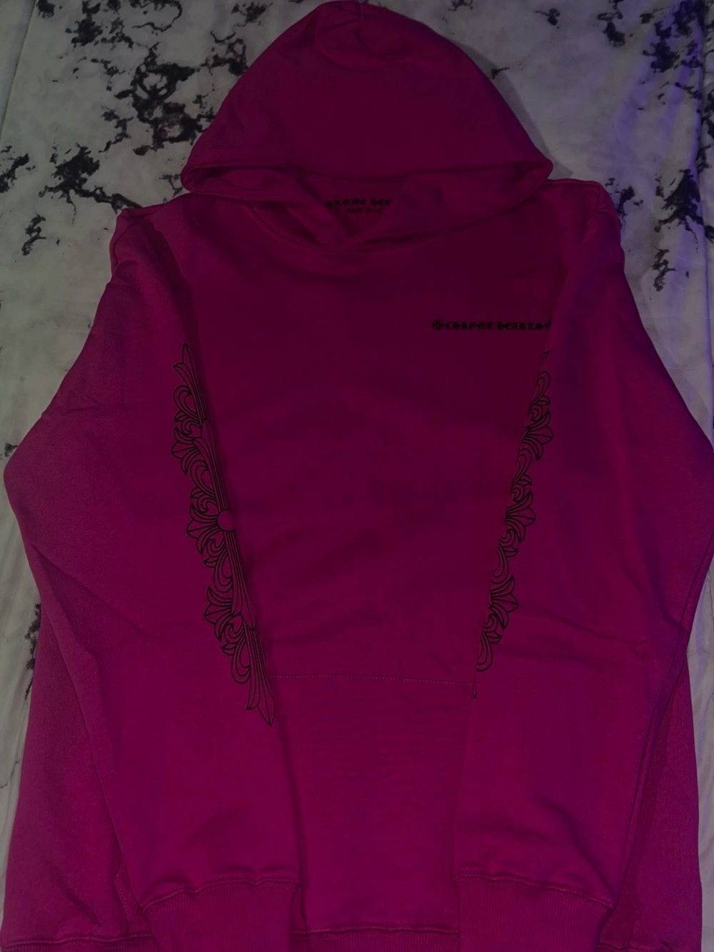Chrome Hearts Magenta Hoodie with Black Floral Trim